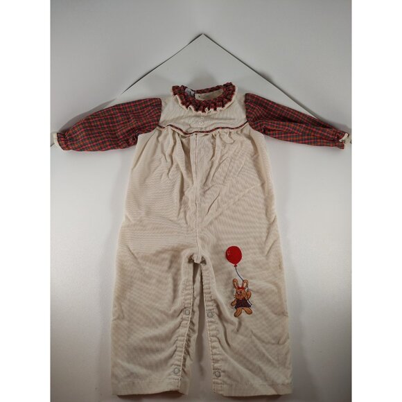 Vintage Carters Baby One Piece Romper Corduroy Plaid Red Cream Bunny 6 Month - Picture 1 of 8